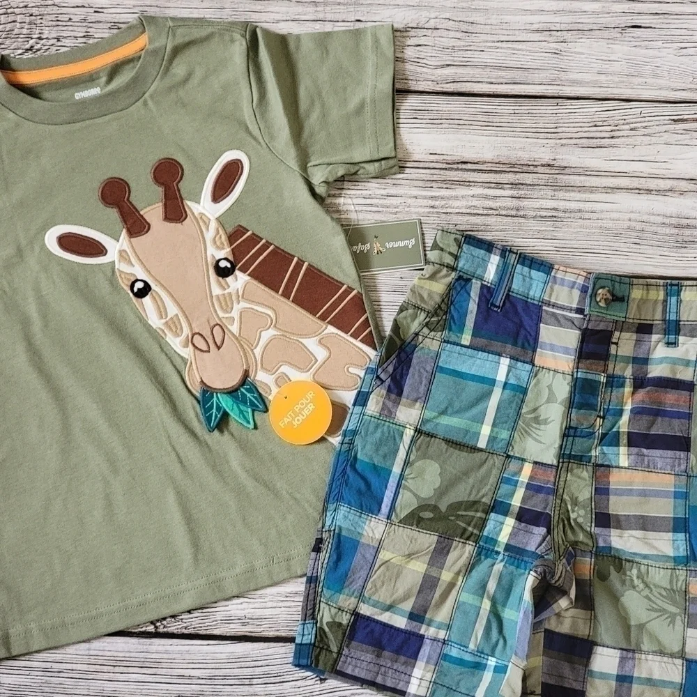 Zoo Trip Outfit Giraffe T-Shirt Binoculars Tank Top Patchwork Shorts Outfit NWT